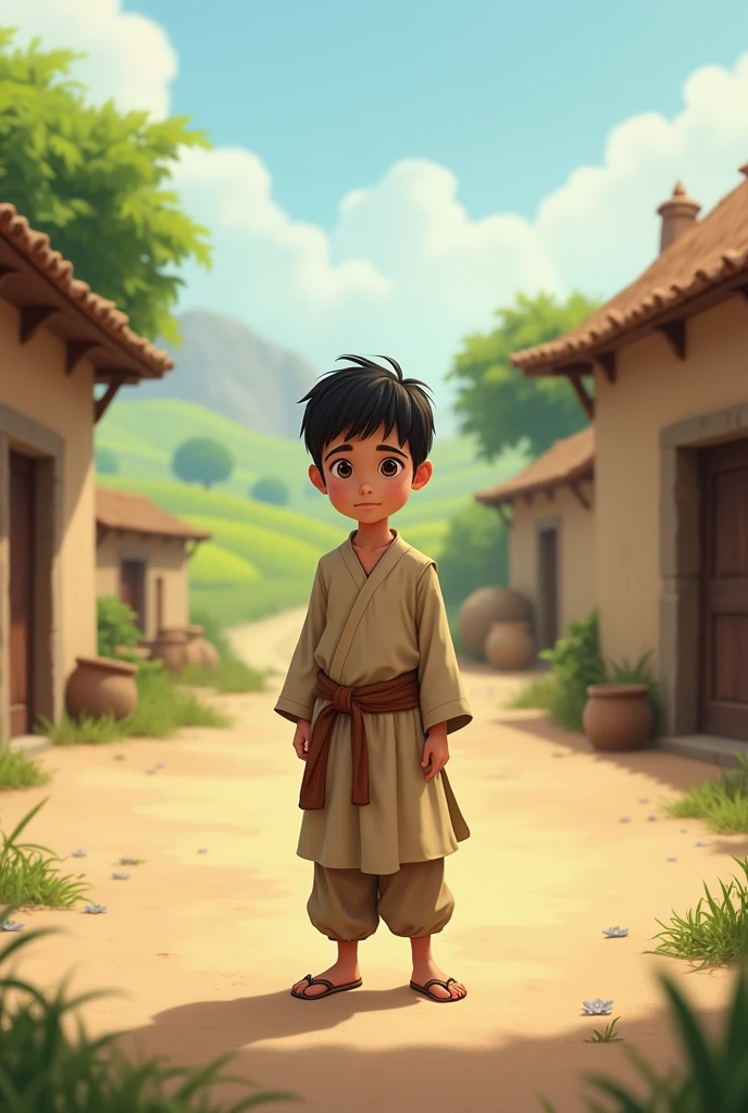 A young boy named Ali, with short black hair, wearing a simple traditional outfit, standing in a peaceful village, with a hint of green fields in the background walking