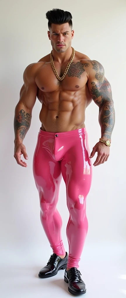 Fullbody standing picture of white Handsome muscular horny sexy gay man wearing skinny tight latex pink bodysuit, shiny black hair Disconnected Pompadour oiled hair style, shiny black varnished shoes, big golden neck chain, red lip, six pack, tattoos, horny, cum shot, sperm, milking penis, very big penis, very big testicle, shiny oiled skin, orgasm, oversexed, masturbation, standing at white show room.