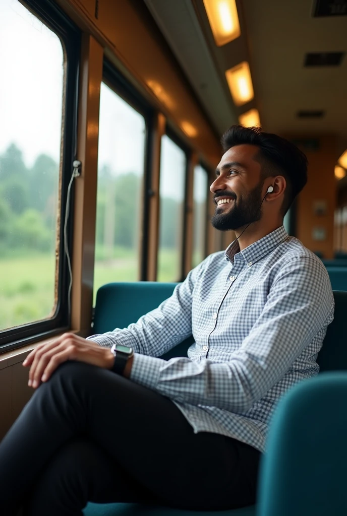 A man sitting into Bangladeshi train , imaging his girlfriend's memories, looking happy, at amnura bypass , wearing white and blue check shirt and black pant , wearing black shoes , wearing earphones in ears , 