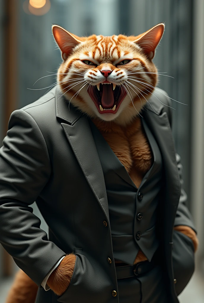 Fashionable big crying cat stylish attire bodybuilder