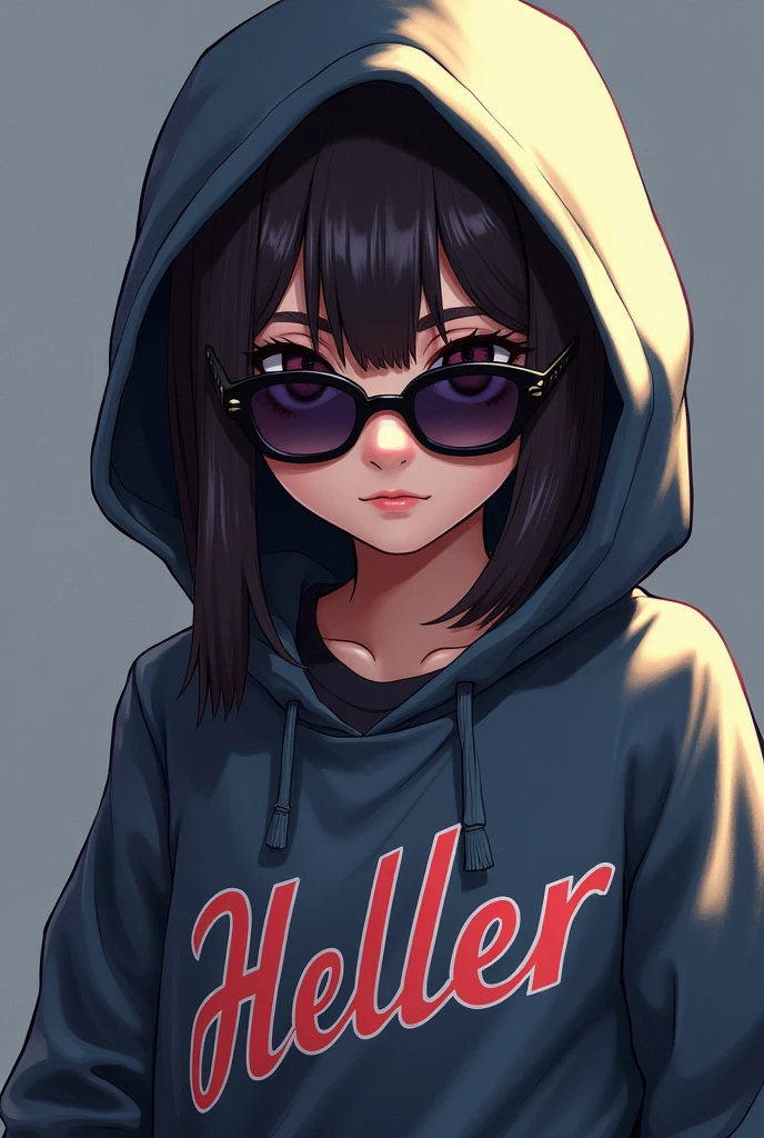 A young girl wearing a hoody name on the hoody is HELLER wearing a sunglasses