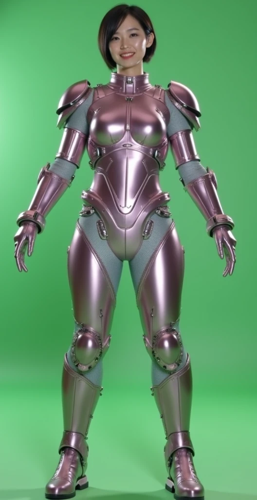 派手なPink metallic powered armorを着た25歳の美しい日本人女性:1.8, Pink metallic powered armor:1.5, No skin exposure:1.5, smile,Big Breasts:1.5,Black Hair:Shortcut 1.5