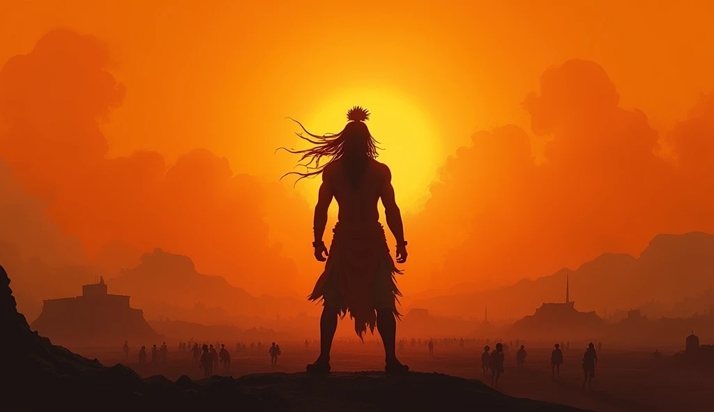 Create an image of a the god Hanuman standing in a battlefield at sunset.The Hanuman is silhouetted against a vivid orange sky, with the sun casting long shadows on the ground. The warrior's attire is reminiscent of ancient times, featuring loose-fitting garments and distinctive headgear that suggests a historical or mythological context. The atmosphere is one of somber reflection on the aftermath of conflict, with the warm hues of sunset suggesting both an end and a new beginning.