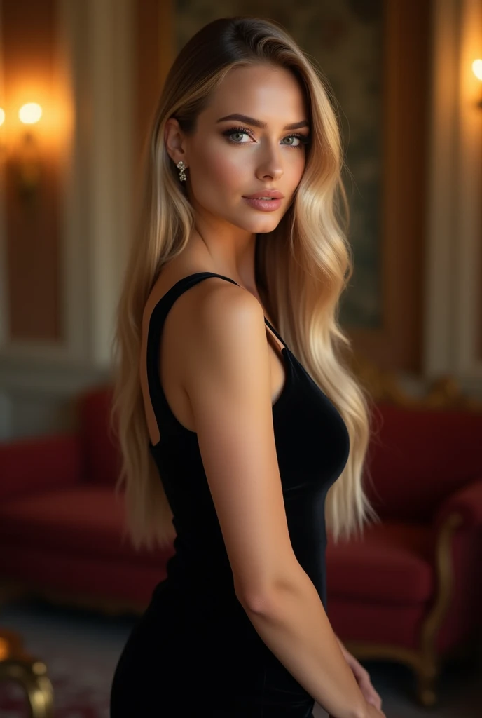 a very realistic and detailed photo of a beautiful italian woman, tight black dress, perfect makeup, long sleek straight blonde hair, high quality, photorealistic, 8k, luxury, elegant, sophisticated, confident pose, studio lighting, cinematic, golden hour, warm tones, glowing skin, piercing eyes, full lips, sharp focus