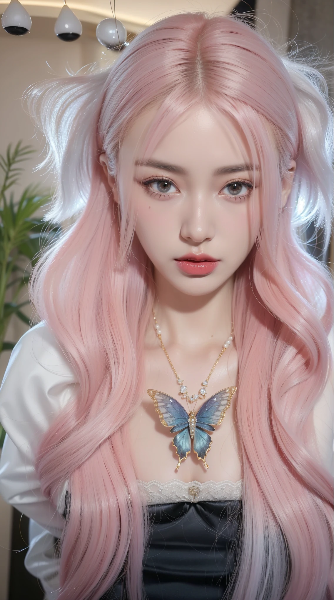 Very detailed, Delicate face, Realistic style, Stock Photography , rich and colorful, Surrealism, Realistic textures, Dramatic Lighting, Distiller 800 (8K, original photo, Better quality, masterpiece: 1.2), Very detailed, (Extremely delicate skin: 1.2), 8K Ultra HD, SLR camera, Soft Light, high quality, 冰冻Queen,Snow Castle,Blue pupils,Apply red lipstick,Queen,Gorgeous clothing, Gold Jewelry,Printed lace,Silk dress,Pearls, diamonds, and gems,Moon Goddess,Printed pantyhose,Heart of the Universe Gemstone Butterfly Necklace