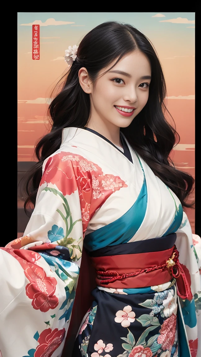 (SeaArt creates stunning illustrations of beautiful women in kimono)、Vividly colored Japanese Ukiyo-e style illustrations、A beautiful woman smiles and shows her upper white teeth、Brown-black long hair、Beautiful full body style、If you want to dance, let&#39;s dance, Tokyo Ondo, Yoi Yoi、Beautiful new digital paintings,、Bright vibrant digital anime art、 Beautiful anime portraits、background,Torii gate front of Japanese shrine、 Detailed digital anime art