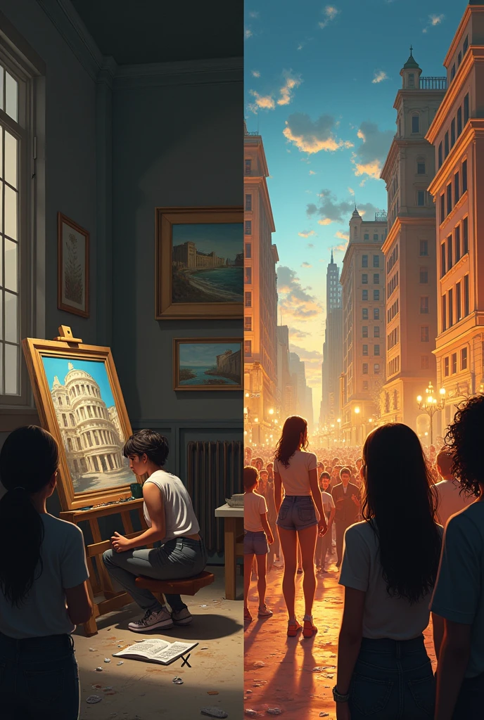 .**before-and-after scene showing Mia’s artistic evolution from doubt to success