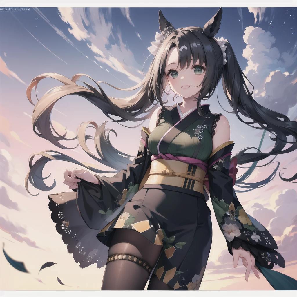 Highest quality、Highest quality、Highest Resolution、masterpiece、Anime Drawing、独奏、1 person。((green shoulderless long knit、kimono))。pantyhose。lipstick、smile。Glamorous Body、Beautiful breasts、Touch your head with your hand、Active Posing。Black Hair、Long Hair、ponytail。Lots of hair ornaments。Beautiful child with horse ears。Night Sky、Strong winds、Chest centered。