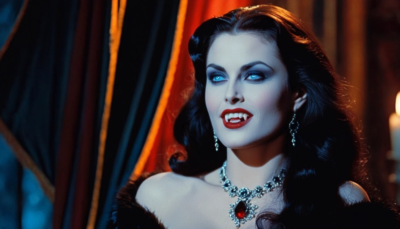 cinematic film still of Gorgons in Greek mythology Frank Frazetta painting of a gothic Female Vampire woman with a evil seductive smile on her face and Vampire Fangs Teeth staring at camera with reflective blue eyes, The eroticism of the beautiful big-breasted vampiress who remains alluring even when she bares her fangs and acts ferociously fascinates and captivates men all over the world., Gothic horror, vampiress, professional, vivid colors, perfect anatomy, ideal facial features, ideally proportioned figure, perfectly beautiful body, super detailed skin, glossy skin, glistening skin, fresh white skin, Glamor, soft and curvy, body conscious, upper body shot, Straight-on shot, Portrait, black long hair, Forehead, arched eyebrows, double eyelids,  blue eyes, Eyelashes, nose, nostrils, full lips, dark lipstick, glossy lips, (A slightly open whispering mouth, teeth, vampire fangs), neck, collarbone, deep cleavage, Upper breast swelling, Gigantic Breasts, shallow depth of field, entirety of sharp focus, vignette, highly detailed, high budget, bokeh, cinemascope, moody, epic, gorgeous, film grain, grainy, masterpiece, incredibly absurd resolution, absolutely resolution, ultra high resolution, Vampire Fangs,
