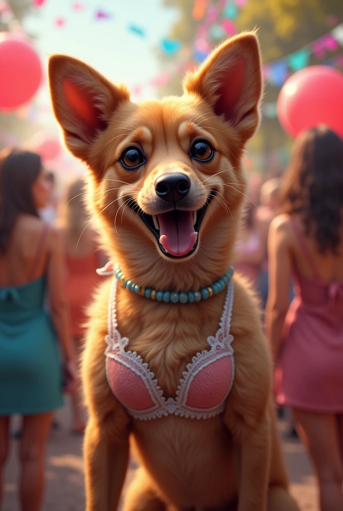 Dog wearing bra in a party 