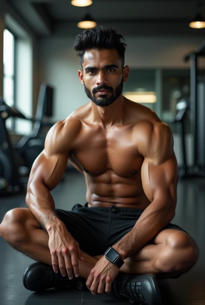 Handsome tamil young hunk, sitting in gym floor wearing, shorts formal shoes, sweating, shirtless nude