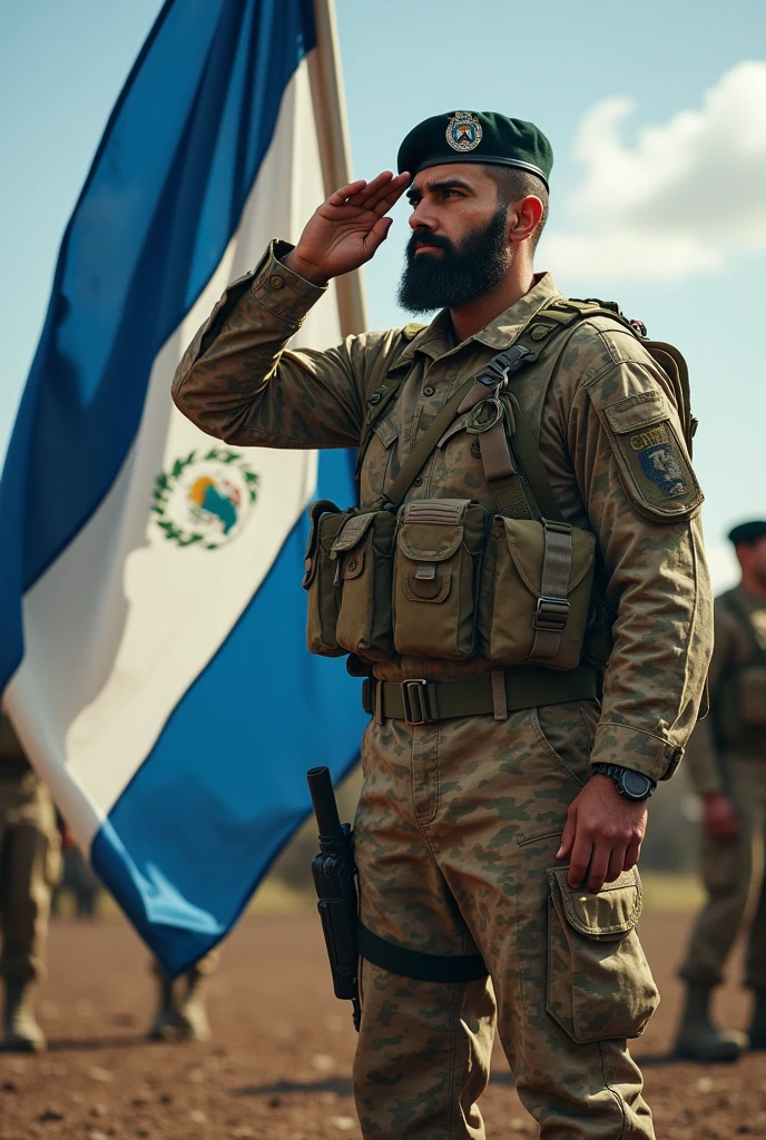 Strong, bearded mixed-race soldier, dressed in combat camouflage uniform, with a beret on his head and boots on his feet, saluting the Nicaraguan flag.