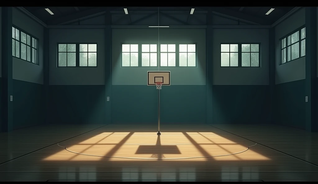 The school&#39;s large, dimly lit gymnasium with a basket。Camera is looking at a basketball goal。In the style of Makoto Shinkai。