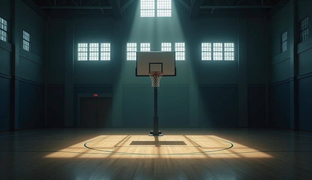 The school&#39;s large, dimly lit gymnasium with a basket。Camera is looking at a basketball goal。In the style of Makoto Shinkai。