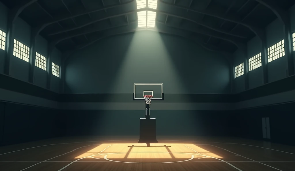 The school&#39;s large, dimly lit gymnasium with a basket。Camera is looking at a basketball goal。In the style of Makoto Shinkai。