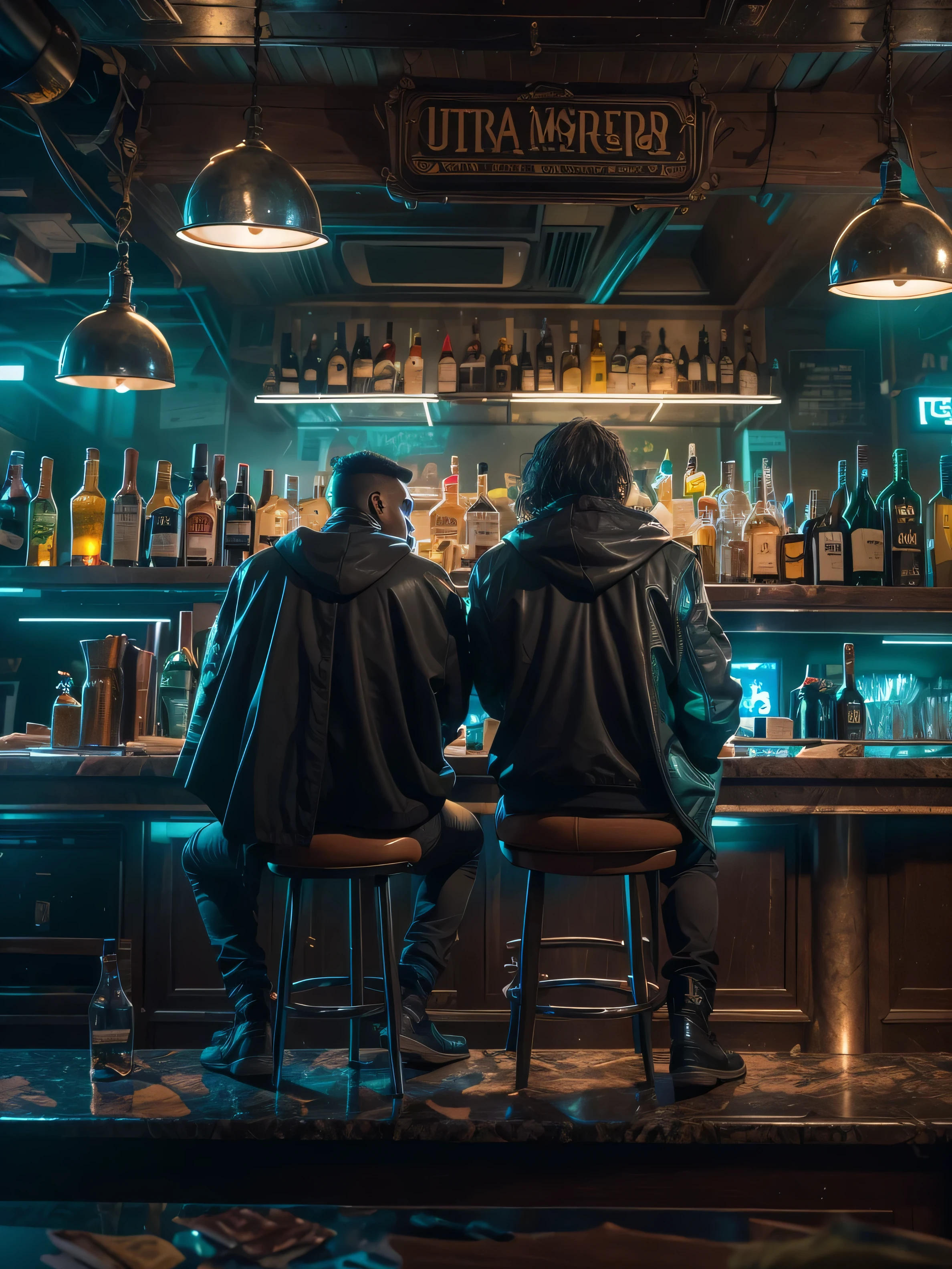 (((Masterpiece))), Sharp focus, ultra realistic,Super Resolution,Photo of 2 guys sitting at a bar, gangsta-style men, reminiscent of Jedi from Star Wars, are sitting at a bar in a cyberpunk setting in the year 2527. They are wearing capes, adding an air of mystique to their presence. The scene is captured from behind, focusing on their backs as they sit at the bar. The environment features a futuristic, high-tech atmosphere with neon lights, bioluminescent elements, and a touch of magic. The lighting is cinematic, with sharp focus, depth in vision, and vivid details that enhance the realism and otherworldly feel of the scene. (depth of field 1.3), shady ambiance