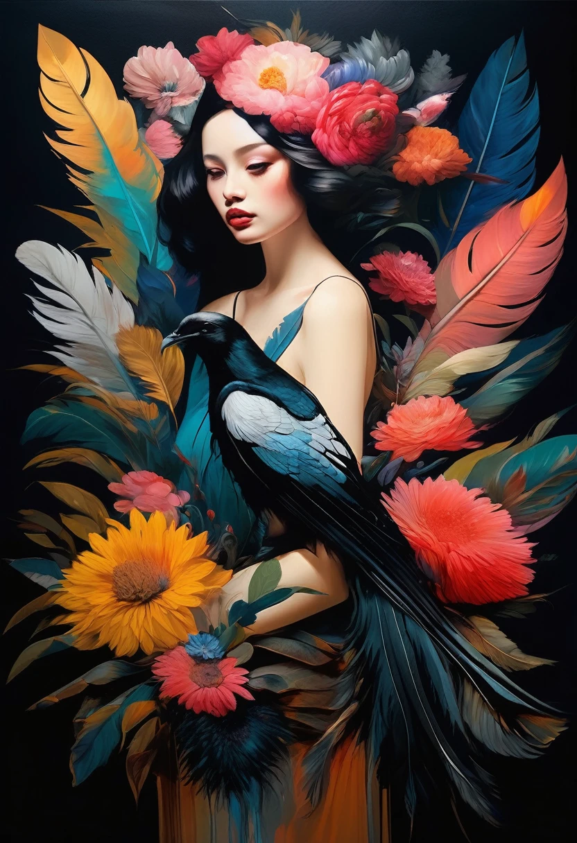 (Sensual illustration chiaroscuro), Illustration art, By Irina Kapi. Surrealism, Vintage Abstraction,  (Girl with black wings), (少女が空を飛んでいるPainting:1.2), Esbian all over body、Woman with black feathers, Big feather、Colorful flower garden background、Highest quality, masterpiece, Ultra high definition、Painting, Concept Art, Emotional, Atmospheric, Romantic aesthetics, Represents transformation and the ability to see beyond the surface、Ultra high definition、(deep, Delicate colors) paint (draw) 、最高masterpiece、Highest quality、