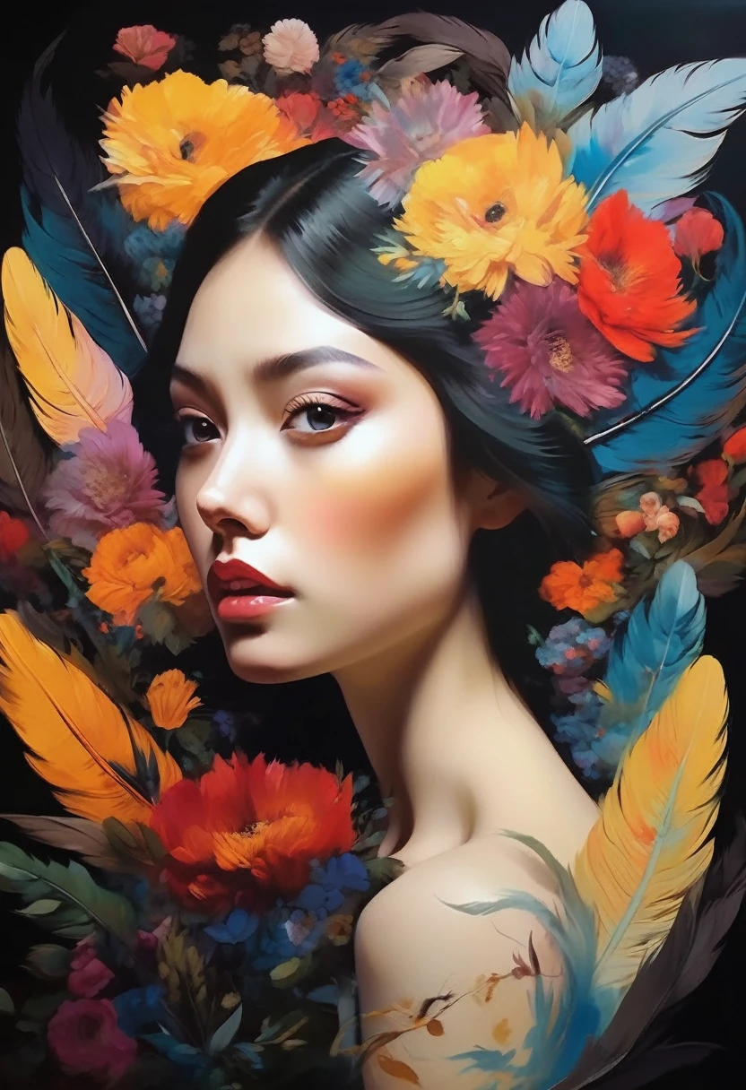 (Sensual illustration chiaroscuro), Illustration art, By Irina Kapi. Surrealism, Vintage Abstraction,  (Girl with black wings), (少女が空を飛んでいるPainting:1.2), Esbian all over body、Woman with black feathers, Big feather、Colorful flower garden background、Highest quality, masterpiece, Ultra high definition、Painting, Concept Art, Emotional, Atmospheric, Romantic aesthetics, Represents transformation and the ability to see beyond the surface、Ultra high definition、(deep, Delicate colors) paint (draw) 、最高masterpiece、Highest quality、