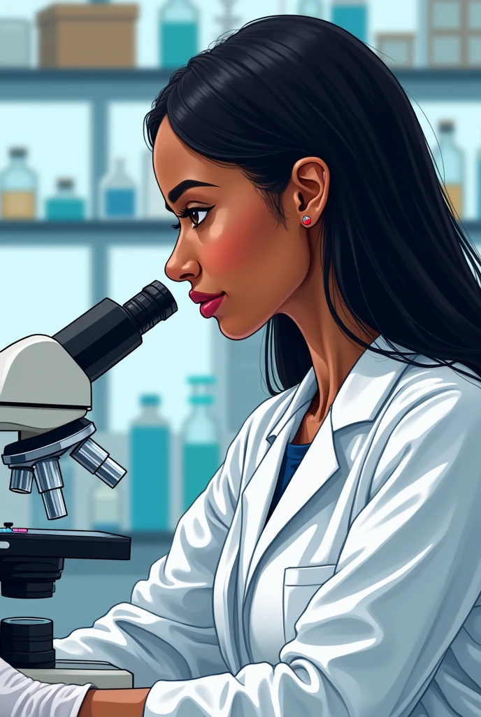 Create a realistic style illustration, in vertical format of a woman in an analysis laboratory. dark-skinned, Black hair, Long and straight. profiled nose. Big and tender brown eyes. with blushing cheeks. And a microscope near it. With nitrile gloves on his hands.