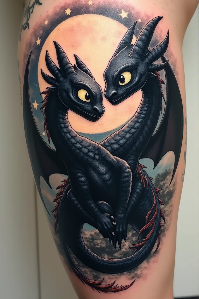 Drawing for a tattoo of Toothless and Light Fury with the moon and stars without being animated and looking cool