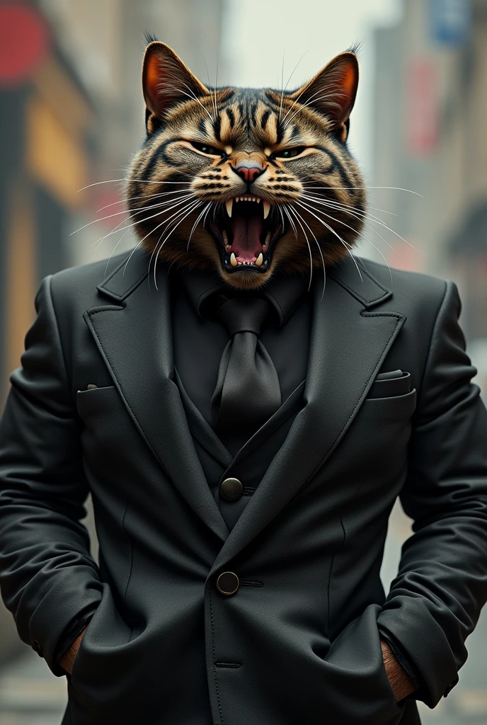 Fashionable big crying cat stylish attire bodybuilder