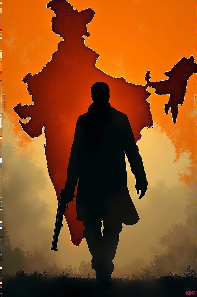 A person shadow holding gun in one hand and in background map of akhand bharat painted in orange colour
