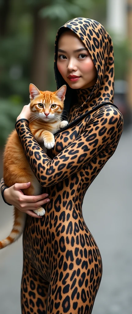 The beautiful,slender thin and clever Malaysian muslimah adult female girl with beautiful cheeks wears margay animal print costume lycra turtleneck unitard catsuit covered with patterns and margay print lycra elastane stretchy dancewear hijab-like hood covered with patterns.She hugs her pet cat.