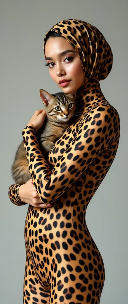 The beautiful,slender thin and clever Malaysian muslimah adult female girl with beautiful cheeks wears margay animal print costume lycra turtleneck unitard catsuit covered with patterns and margay print lycra elastane stretchy dancewear hijab-like hood covered with patterns.She hugs her pet cat.