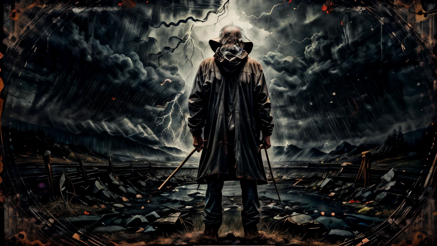 a sad old man in a dark rainy stormy night, a broken violin in his hands, dark cloudy sky, dramatic lighting, dramatic atmosphere, dramatic pose, cinematic, moody, atmospheric, chiaroscuro, (best quality,8k,highres,masterpiece:1.2),ultra-detailed,photorealistic,photo-realistic:1.37,dramatic lighting,dark shadows,dramatic colors,muted colors,dramatic contrast,dramatic composition,cinematic framing,cinematic perspective,emotive,melancholic,gloomy,moody,atmospheric,dramatic,dark,rain,storm,thunder,lightning,cloudy sky,old man,hooded man,smoking,broken violin,worn,weathered,distressed