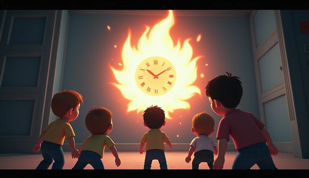 Generate a high quality, realistic seen in cinematic 3d
cartoon style * The kids back away, their faces showing surprise and fear. Suddenly, a burst of light comes from the clock, and the whole room is filled with a blinding glow.