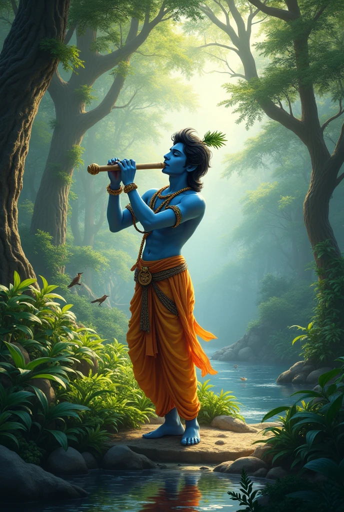 Krishna playing flute in jungle
