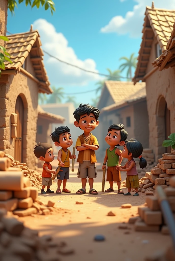 Need 3D animation style:3Illustrate the scene where راجو and his friends are working together to rebuild their village, each character doing their specific task.
