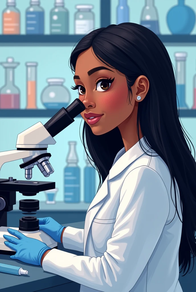 Create a realistic style illustration, in vertical format of a woman in an analysis laboratory. dark-skinned, Black hair, Long and straight. profiled nose. Big and tender brown eyes. with blushing cheeks. And a microscope near it. With nitrile gloves on his hands.