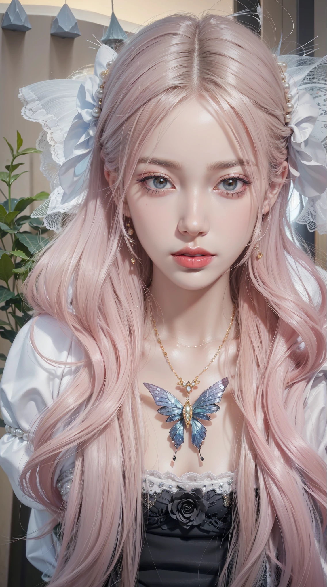 Very detailed, Delicate face, Realistic style, Stock Photography , rich and colorful, Surrealism, Realistic textures, Dramatic Lighting, Distiller 800 (8K, original photo, Better quality, masterpiece: 1.2), Very detailed, (Extremely delicate skin: 1.2), 8K Ultra HD, SLR camera, Soft Light, high quality, 冰冻Queen,Snow Castle,Blue pupils,Apply red lipstick,Queen,Gorgeous clothing, Gold Jewelry,Printed lace,Silk dress,Pearls, diamonds, and gems,Moon Goddess,Printed pantyhose,Heart of the Universe Gemstone Butterfly Necklace,Black sleeves