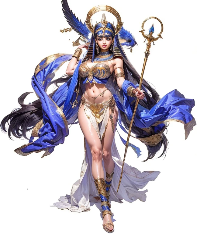 ((Frank Frazetta oil painting)),beautiful Queen Cleopatra Egyptian woman, Beautiful black eyes、smiling Egyptian woman, (Glossy Egyptian ornaments, perfect body:1.4,(top-quality、8K、32K、​masterpiece)、超A high resolution, ((traditional Egyptian bangs and fringe hairstyle)), black hair with heavy bangs on the forehead, (cowboy shot), depth of field, cinematic lighting effect、muscular body, caramel skin shiny with oil and sweat, ((Egyptian sorceress)), ((wearing insanely detailed blue and gold ancient Egyptian sorceress outfit)), ((ornate blue and gold Egyptian headdress)), interior of ancient Egyptian palace, NSFW