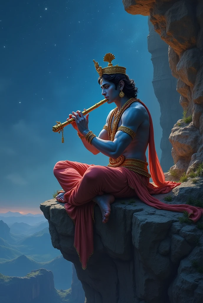 Lord krishna sitting in cliff holding basuri during night with muscles with his big look and clothes