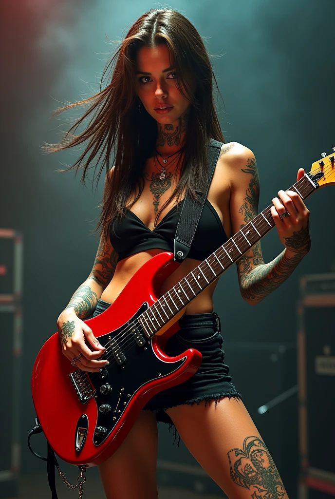 Girl
2
Rock star
Tattooed 
Caucasian
Brunette
Electric guitar
Miniskirt
