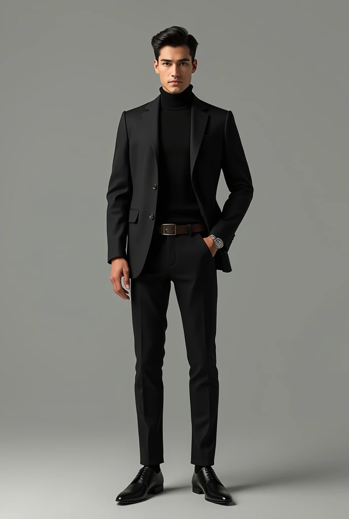 handsome,black hair,black suit,black jeans,wristwatch,full body