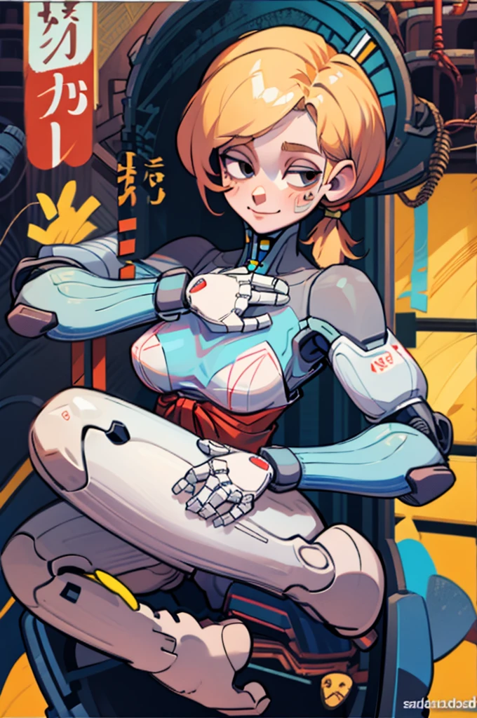 android, beautiful robot. android with blue eyes. Her brown short pigtails are very short and tied with two big red clothespins, joint seam, black eyes, full body figure, Height: 160cm, She wears only micro mini pantie, show pantie, Uplifting, 21th century japan animation, she wares nothing. She is inserted penis by invisible man. she smiles purely.