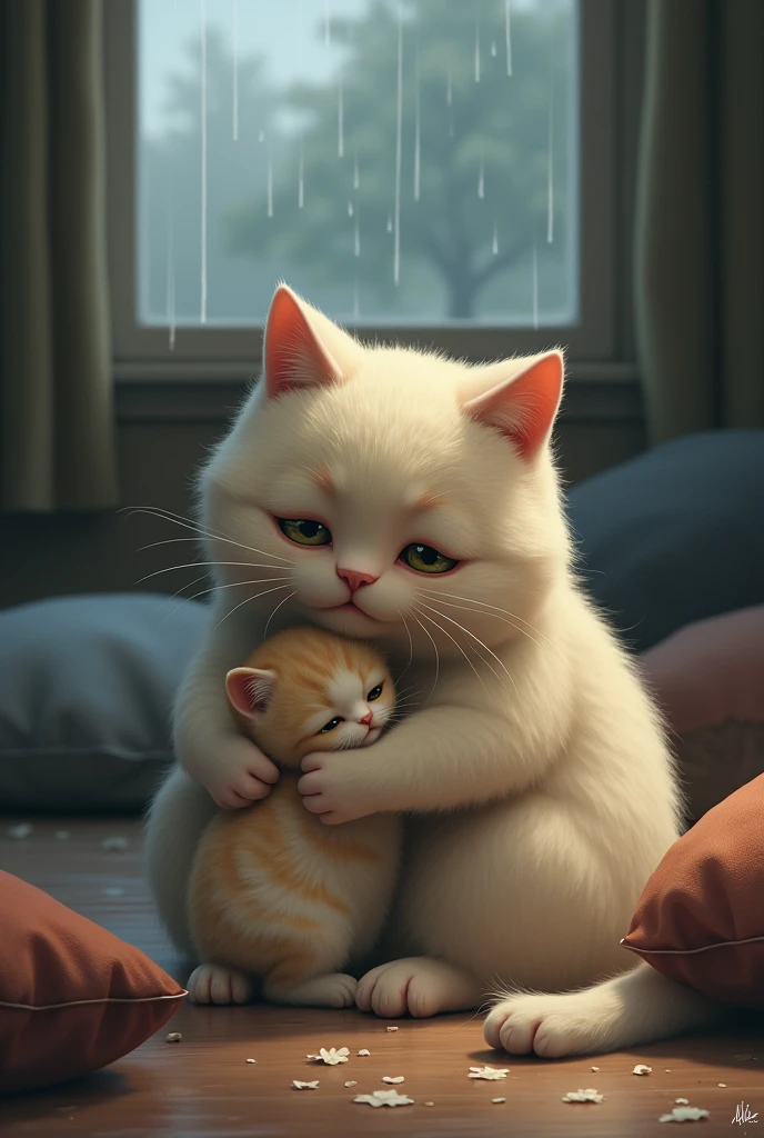 The image depicts a tender moment inside a cozy, softly lit room. A large, chubby cat sits on the floor, her eyes filled with tears, conveying a deep sense of emotion. Next to her, a small, fluffy kitten, her baby, is nestled close, seeking comfort. The cat's fur is soft and cream-colored, while the kitten is a tiny, adorable ball of fur. The room is warm and inviting, with cushions scattered around and a window in the background showing a rainy, overcast sky, adding to the melancholic mood of the scene.