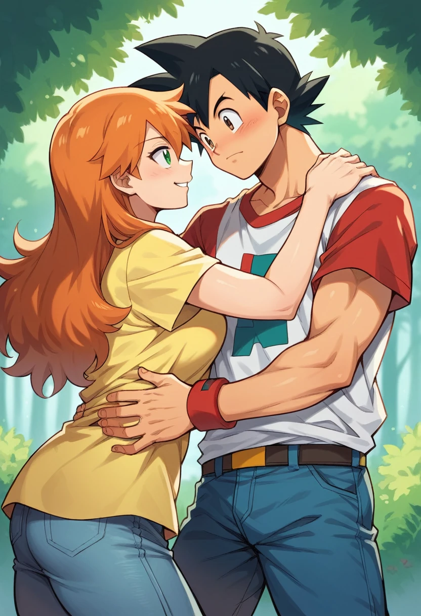 1boy, ash ketchum, black hair, brown eyes, hair between eyes, ash ketchum, black t-shirt, jeans, handsome boy, macho, good looking boy, muscular boy 1girl, misty pokemon, green eyes, orange hair, long hair, hair down, yellow crop top, jeans, pretty, beautiful girl, curvy girl photograph of a 1 couple, on a forest, they're showing off their love and affection for each other, they're caressing, hugging, looking at each other