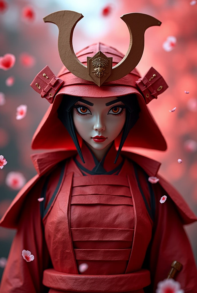 a red origami paper samurai,beautiful detailed eyes,beautiful detailed lips,extremely detailed eyes and face,longeyelashes,highly detailed,intricate,complex,elegant,graceful,dynamic pose,katana sword,traditional japanese armor,samurai helmet,cherry blossom petals,cinematic lighting,dramatic shadows,glowing red paper,ultra-detailed,8k,highres,masterpiece:1.2,realistic,photorealistic:1.37,concept art