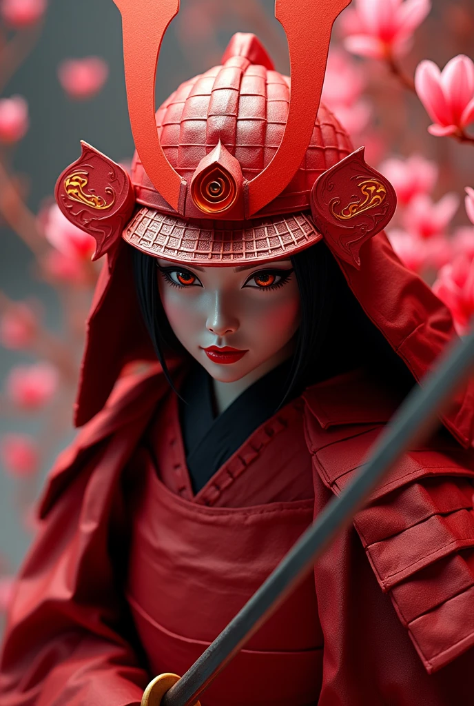 a red origami paper samurai,beautiful detailed eyes,beautiful detailed lips,extremely detailed eyes and face,longeyelashes,highly detailed,intricate,complex,elegant,graceful,dynamic pose,katana sword,traditional japanese armor,samurai helmet,cherry blossom petals,cinematic lighting,dramatic shadows,glowing red paper,ultra-detailed,8k,highres,masterpiece:1.2,realistic,photorealistic:1.37,concept art