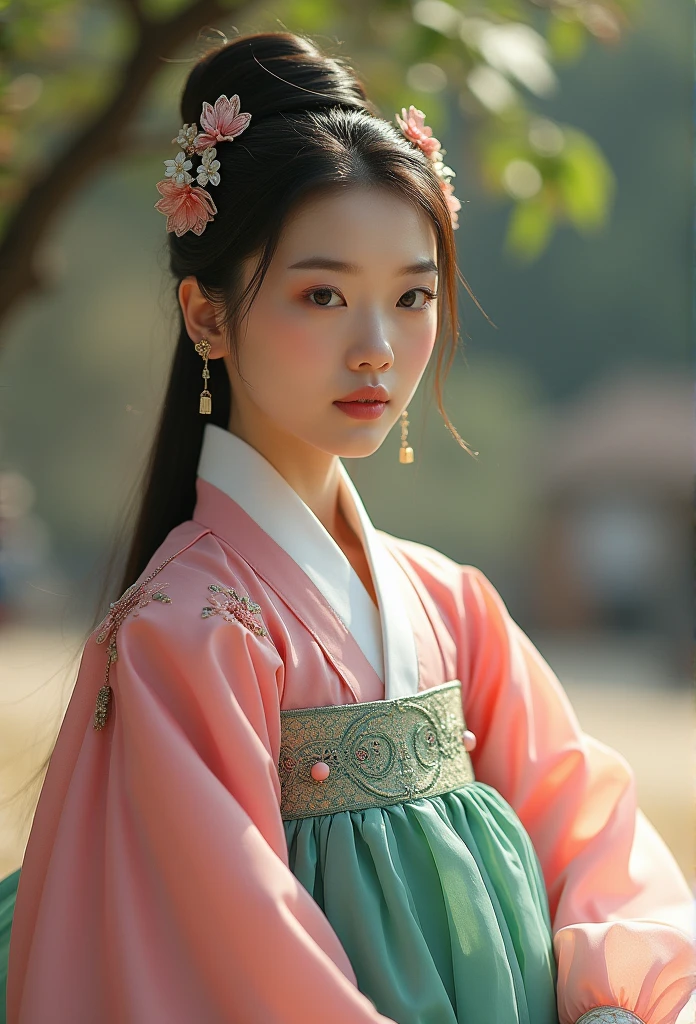 Full body shot of a beautiful girl in traditional hanbok, (Empress of Joseon Dynasty_glamour, elegance, aura, intricate and delicate details), perfect face with detailed details, gorgeous hair decoration, (fluorescent hanbok_pink top, fluffy green skirt, embroidery points, delicate details), Korean beauty, close-up angle, amazing, attractive, innocence, blurry natural outdoor background, 8k, best quality, very detailed and realistic, cinematic,