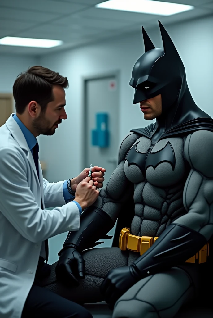 Doctor injects vaccine into arm of Justice League Batman sitting in hospital