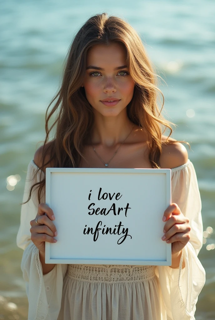 Beautiful girl with wavy long hair, bohemian dress, holding a white board with text "I Love Seaart Infinity" and showing it to the viewer