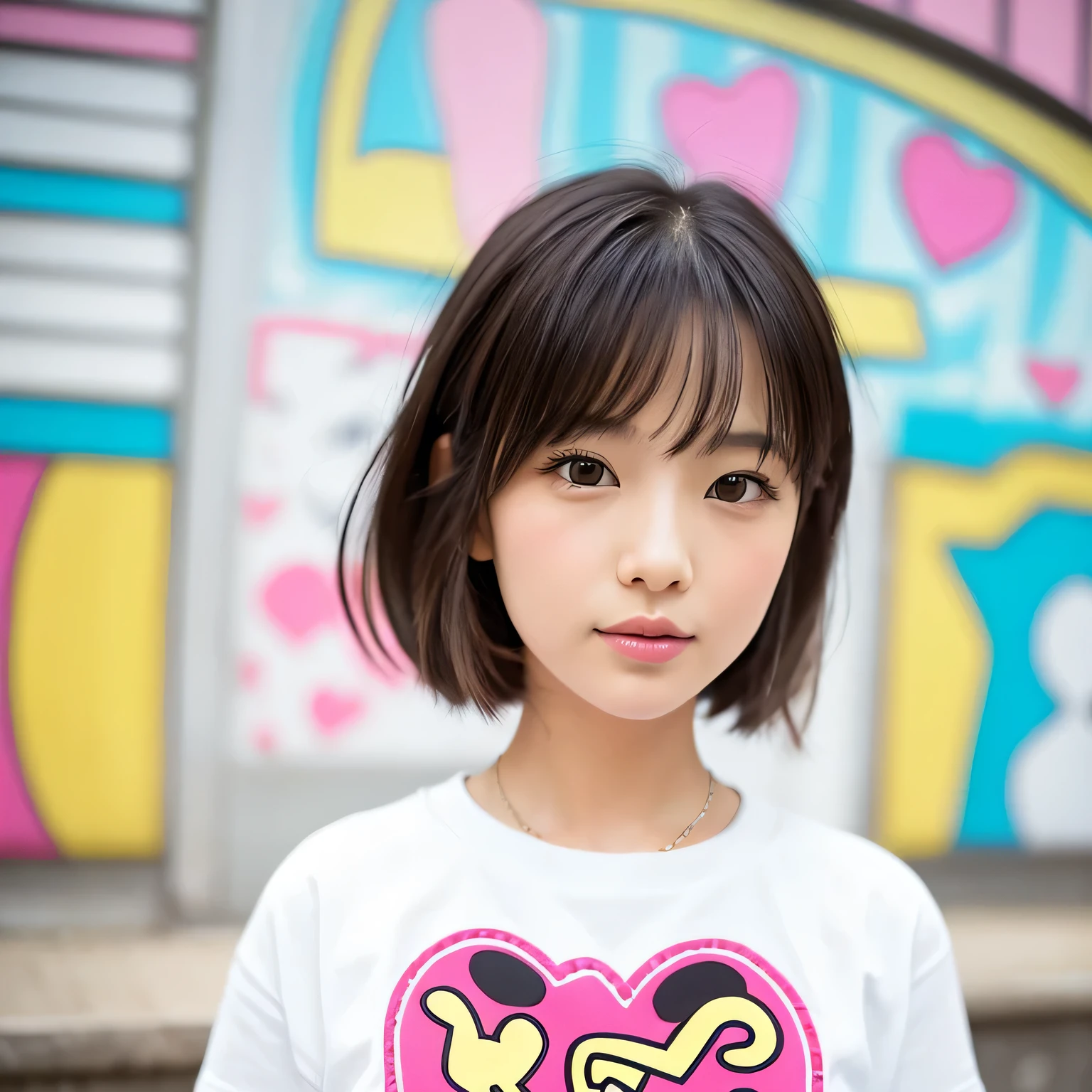 Keith Haring colorful style, Simple Line Initialism，Abstract art，(((The most beautiful girl of all time))), Sweet face. Lips in love, colorful hearts, stylish design, 夏のオシャレなTシャツ, 黒い瞳, walking, Paris