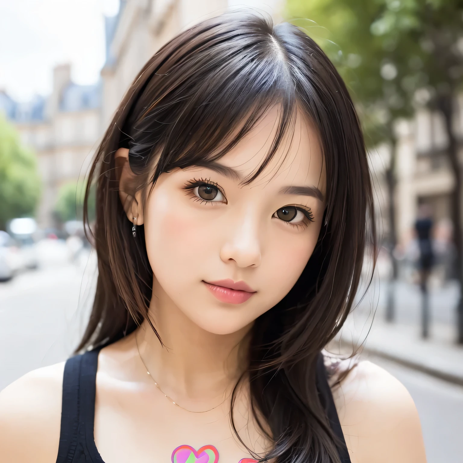 Keith Haring colorful style, Simple Line Initialism，Abstract art，(((The most beautiful girl of all time))), Sweet face. Lips in love, colorful hearts, stylish design, 夏のオシャレなTシャツ, 黒い瞳, walking, Paris
