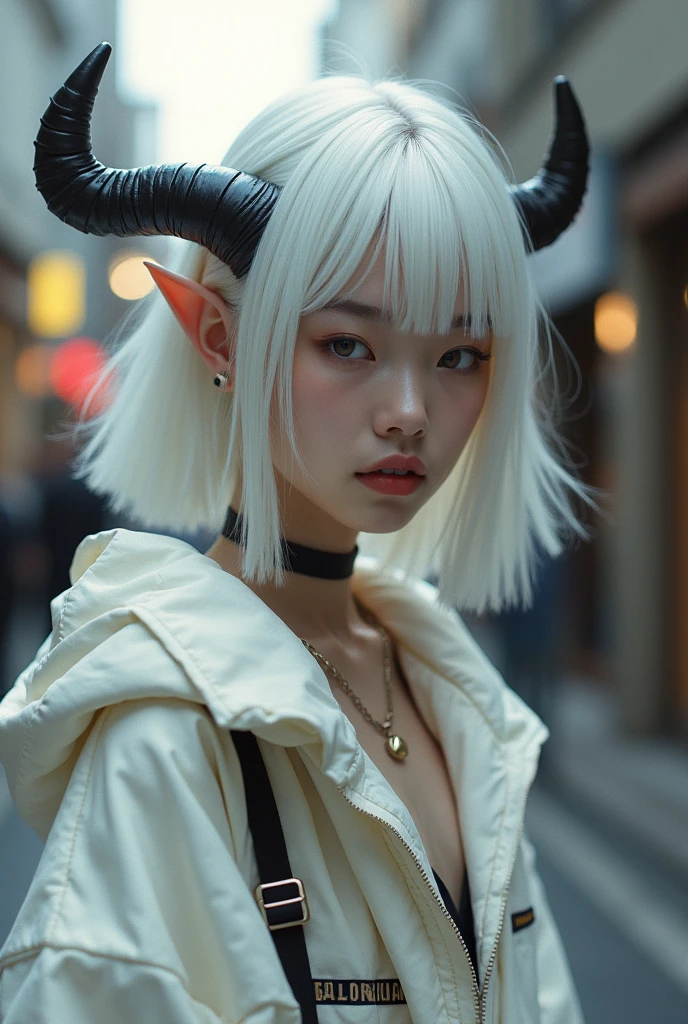 White haired Asian teenager,Short horns on the head,Wear white clothes and pants,Delicate boy face,,Wear Balenciaga,Reality