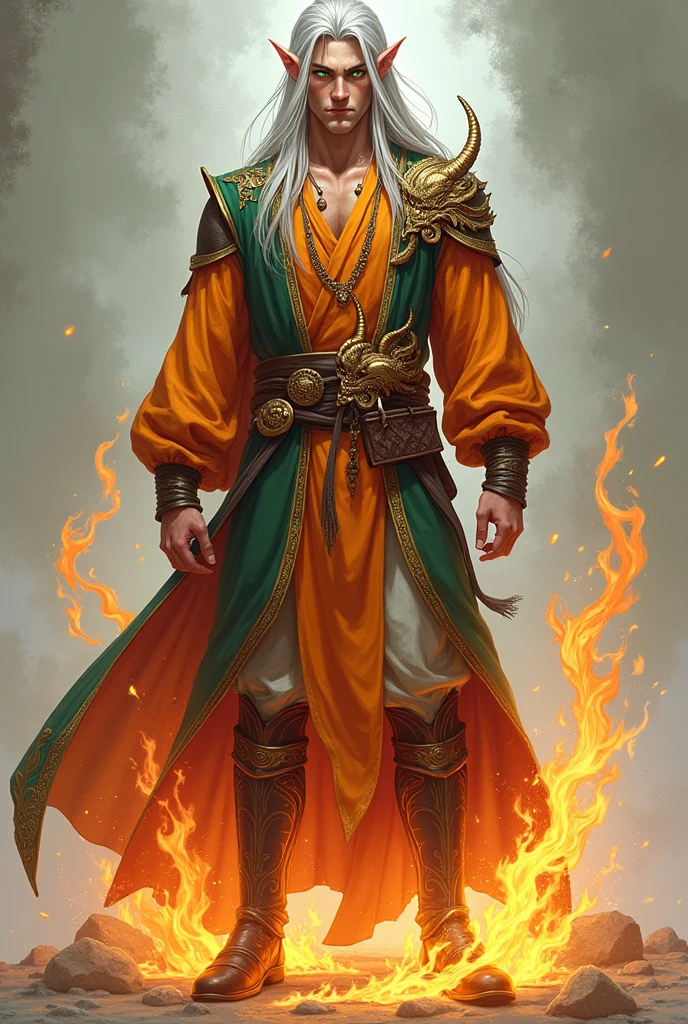 ((masterpiece, best quality)), Delicate face, Character Design Sheet, Full body homosexuality, Rich in details, Multiple poses and expressions, Very detailed, depth, Many parts,Male mage,Fantasy style,Surrounded by flames,Extremely beautiful,High balance, Natural light, Phoenix decoration,Flame decoration,Mirror 1 Male, Reference table, Matching Clothing, (Fantasy character design, Front Angle, Side Angle, Rear Angle) Wolfberry, Persuasive, Sensible. Tall and handsome elf, Have muscles,Long silver hair falls to shoulders, Pointed ears. With emerald green eyes,Shimmering with a mischievous glow, Burly figure, Dressed in brightly colored clothing suitable for a wandering bard.(best quality, masterpiece), 1 adult male, 15 Three views, front、Back and side, Role List,Full Body Love,Simple background